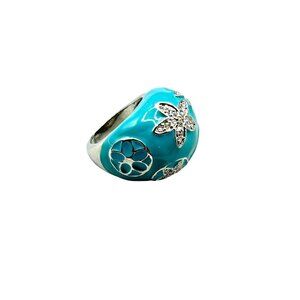 Blue Turquoise Enamel & Rhinestones Ring Size 6.5 Silver Tone Star Flower Design